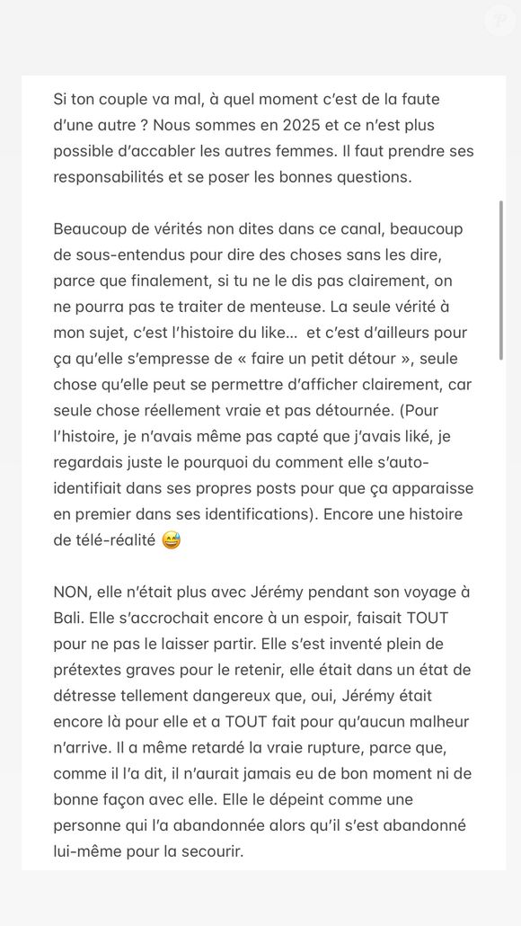 Lola, ancienne aventurière de "Koh-Lanta, s'exprime sur Instagram le 5 août 2025 au sujet de son couple avec Jérémy et de Candice, l'ex de Jérémy.