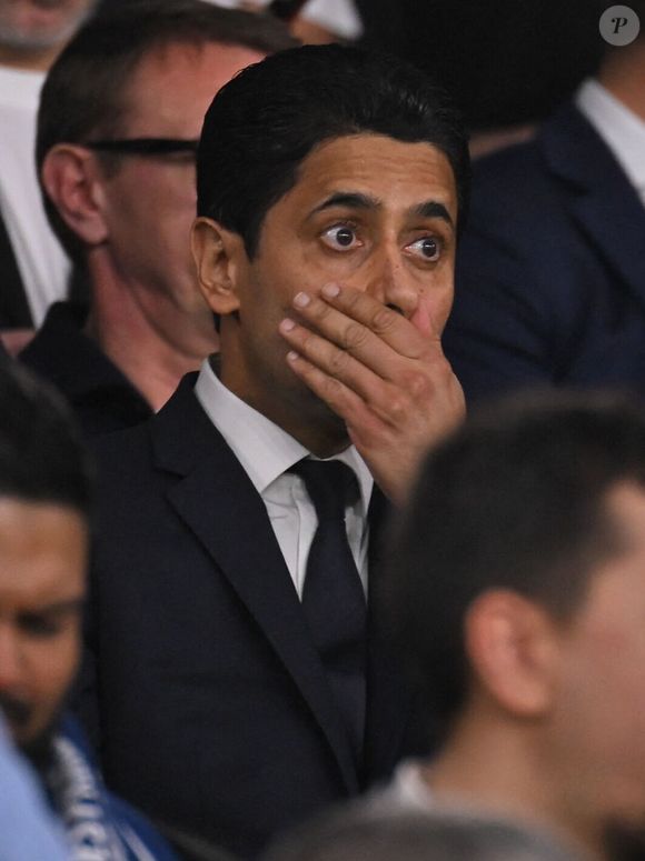 Nasser al-Khelaïfi - Célébrités dans les tribunes du match de quart de finale aller de Ligue Des Champions 2025-2026 (LDC) "PSG - Liverpool (2-0)" au Parc des Princes à Paris le 8 avril 2026. © Federico Pestellini /PsnewZ/Bestimage