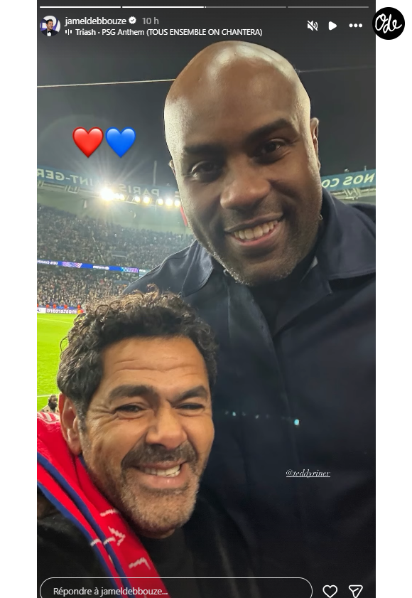 Une belle soirée de complicité entre le père et son adolescent, lesquels ont aussi croisé la route du géant du judo tricolore, Teddy Riner. 

Jamel Debbouze en tribunes du parc des Princes pour voir le match PSG-FC Barcelone