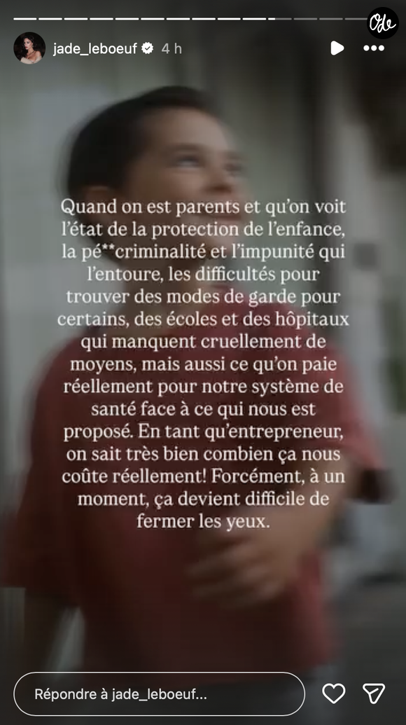 Capture d'écran de la story Instagram du jeudi 3 septembre de Jade Leboeuf
