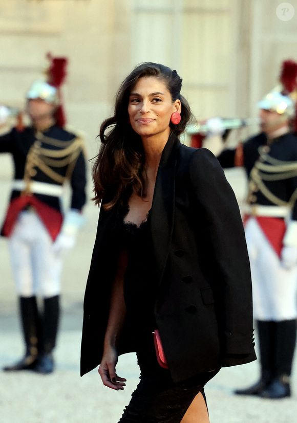 Tatiana Silva (enceinte, ancienne miss Belgique) arrivant au dîner d'état au palais de l'Elysée à Paris en l'honneur de la visite du roi et de la reine de Belgique en France le 14 octobre 2024.

© Dominique Jacovides / Bestimage