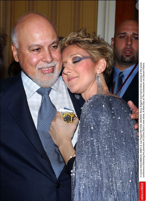 René Angelil et Céline Dion posant lors de la conférence de presse suivant la première du nouveau spectacle de Céline Dion, A New Day, au Colosseum du Caesars Palace. Las Vegas, le 25 mars 2003. © Lionel Hahn/ABACA