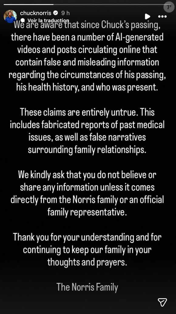 En colère, la famille de Chuck Norris prend la parole sur le compte Instagram de l'acteur après que des rumeurs ont circulé au sujet de sa mort.