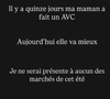 En story sur Instagram, l'agricultrice annonce que sa mère a fait un AVC.
Perrine, figure de "L'amour est dans le pré", annonce que sa mère a fait un AVC, sur Instagram le 6 juillet 2025.