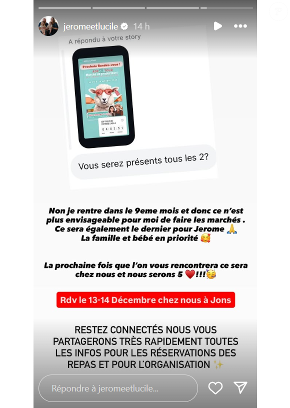 A quelques jours de l'accouchement, Lucile fait une grande annonce.

Jérôme et Lucile, couple phare de "L'amour est dans le pré", font une grande annonce à quelques jours de la naissance de leur bébé, sur Instagram le 21 octobre 2025.
