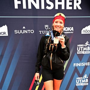 Amandine Petit (9 heures et 3 minutes) à l'arrivée de la course MCC (40 kms) de l'UTMB (Ultra Trail du Mont Blanc) à Chamonix le 24 août 2026.

© Romain Doucelin / Bestimage