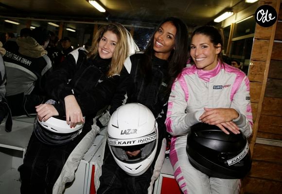 Chloé Deher, Laury Thilleman et Flora Coquerel ont assisté à la course de karting « Une Course pour la Vie », organisée au profit de l'association « Meghanora » au Paris Kart Indoor à Wissous, près de Paris, en France, le 8 février 2015. Photo de Jérôme Domine/ABACAPRESS.COM