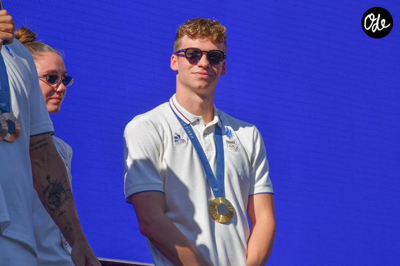 Léon Marchand - L'équipe de France de natation acclamée au Club France lors des Jeux Olympiques de Paris 2024 (JO) le 5 août 2024.
PixPlanete / Bestimage