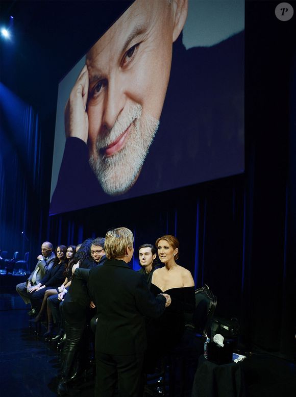 Patrick Angelil, Rene-Charles Angelil et Céline Dion reçoivent les condoléances de leurs amis lors de la cérémonie commémorative de René Angelil le 3 février 2016 à Las Vegas, Nevada, USA. Photo par Denise Truscello/Caesars Palace via ABACAPRESS.COM