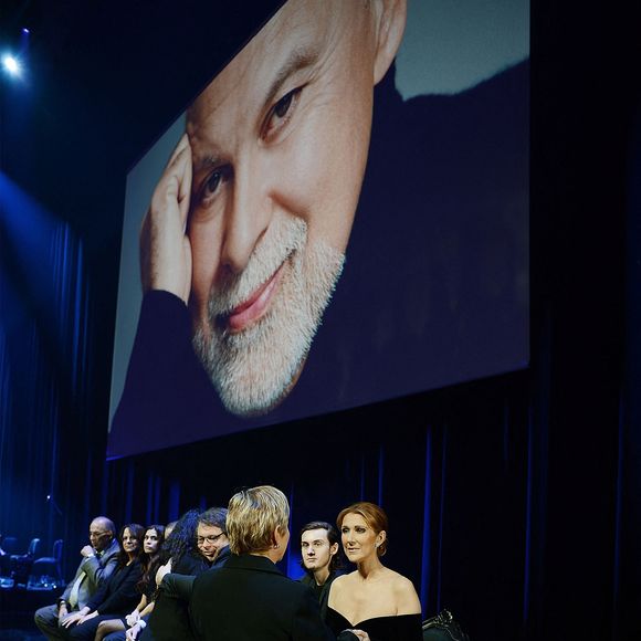 Patrick Angelil, Rene-Charles Angelil et Céline Dion reçoivent les condoléances de leurs amis lors de la cérémonie commémorative de René Angelil le 3 février 2016 à Las Vegas, Nevada, USA. Photo par Denise Truscello/Caesars Palace via ABACAPRESS.COM