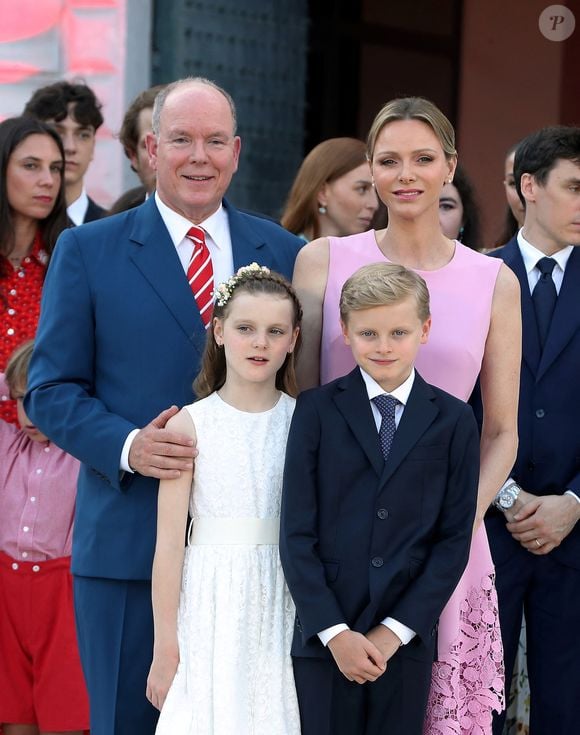Prince Albert II of Monaco, Prince Jacques Grimaldi, Princess (princesse) Gabriella Grimaldi, Princess (princesse) Charlene of Monaco, during the celebration of Prince Albert II of Monaco's 20 years on the throne, on the Palace square in Monte, Carlo, Monaco, on July 19, 2025. © Cyril Dodergny/Nice Matin/Bestimage