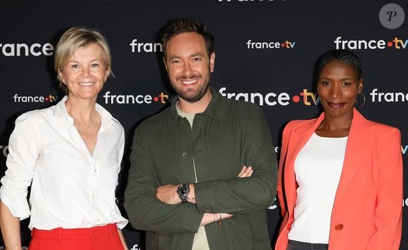 Estelle Colin, Adrien Rohard, Johanna Ghiglia au photocall pour la conférence de presse de rentrée de France TV à la Grande Halle de la Villette à Paris, France, le 11 juillet 2023. © Coadic Guirec/Bestimage