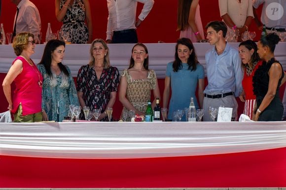 Melanie-Antoinette de Massy (2ème G), la Princesse Caroline de Monaco (3ème G), la Princesse Alexandra de Hanovre (C), Charlotte de Monaco et Ben-Sylvester Strautmann lors du Jumping International Longines de Monte-Carlo à Monaco, le 5 juillet 2025. Photo by Laurent Coust/ABACAPRESS.COM