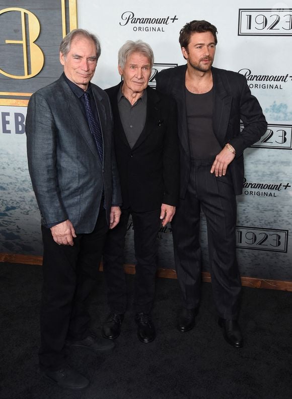 Timothy Dalton, Harrison Ford et Brandon Sklenar arrivent à la première de la deuxième saison de "1923" au Harmony Gold Theatre le 19 février 2025 à Los Angeles, CA, USA. AFF/ABACA