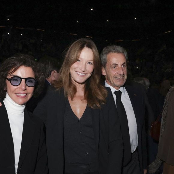 Exclusif - Louis Sarkozy, Rachida Dati, Carla Bruni-Sarkozy, Nicolas Sarkozy lors d'une cérémonie organisée par le Conseil des institutions juives de France (CRIF) en hommage aux victimes des attentats du Hamas du 7 octobre 2023 contre Israël, à l'occasion du premier anniversaire de l'événement, à Paris, le 7 octobre 2024. © Jack Tribeca / Bestimage