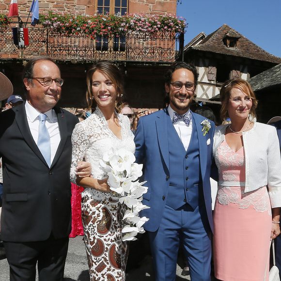 François Hollande, Ségolène Royal et les parents de la mariée - Mariage de Thomas Hollande et de la journaliste Emilie Broussouloux à la mairie à Meyssac en Corrèze près de Brive, ville d'Emiie. Le 8 Septembre 2018. 
© Patrick Bernard-Guillaume Collet / Bestimage