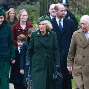 Catherine (Kate) Middleton, princesse de Galles, Prince Louis, le prince William, prince de Galles, Le roi Charles III d'Angleterre et Camilla Parker Bowles, reine consort d'Angleterre - La famille royale britannique se rend à la messe de Noël à Sandringham le 25 décembre 2024.