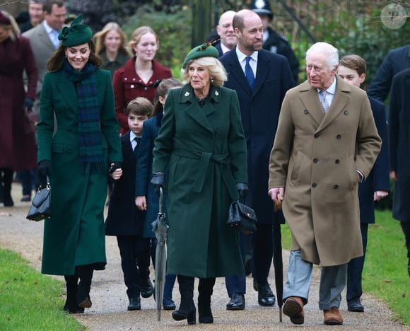 Catherine (Kate) Middleton, princesse de Galles, Prince Louis, le prince William, prince de Galles, Le roi Charles III d'Angleterre et Camilla Parker Bowles, reine consort d'Angleterre - La famille royale britannique se rend à la messe de Noël à Sandringham le 25 décembre 2024.