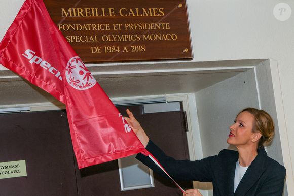La princesse Charlène de Monaco lors de l'hommage à Mireille Calmes, fondatrice et présidente de Special Olympics Monaco, au stade Louis II à Monaco, le 18 octobre 2025. © Claudia Albuquerque/Bestimage