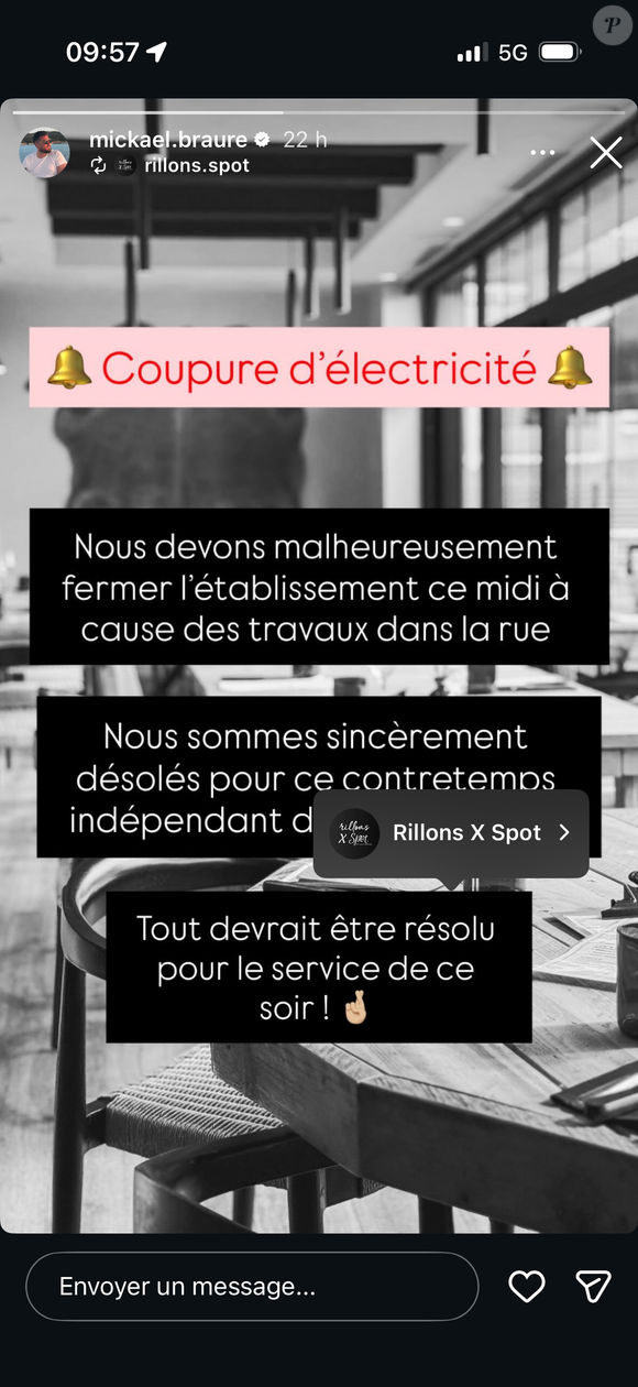 Cette décision a été prise en urgence à la suite d'une coupure d'électricité provoquée par des travaux dans sa rue.

Mickaël Braure, ex-candidat de "Top Chef", obligé de fermer son restaurant pour le déjeuner.