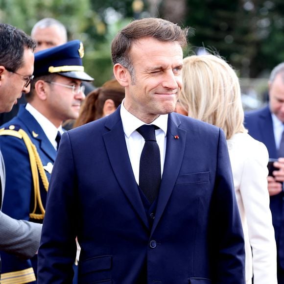 Cérémonie de départ du Président de la Républiquefrançaise Emmanuel Macron et sa femme la Première Dame Brigitte Macron en présence de Aziz Akhannouch, chef du gouvernement du Maroc à l'aéroport de Salé au nord de Rabat le 30 octobre 2024. © Dominique Jacovides/Bestimage