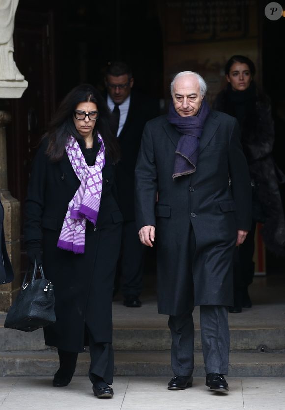 Françoise Bettencourt Meyers et son mari Jean Pierre Meyers - Sorties de la cérémonie religieuse à la mémoire de Jacques Chancel, en l'église Saint-Germain-des-Prés, à Paris, le 6 janvier 2015. JACOVIDES-MOREAU / BESTIMAGE