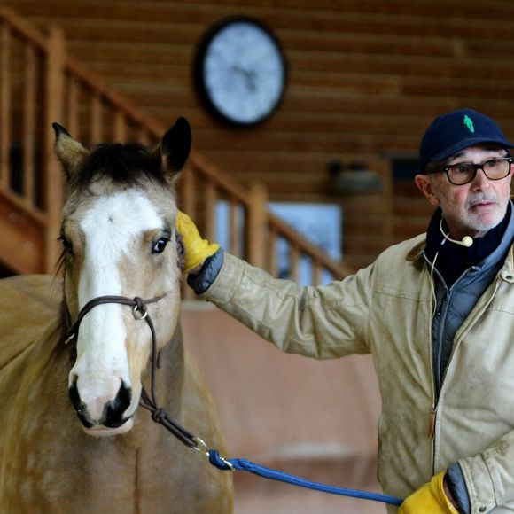 Passionné d’équitation depuis son enfance, le comédien pratique l’équitation éthologique depuis près de trente ans.

Thierry Lhermitte anime un atelier d'équithérapie et d'étologie à la maison Hope à Saint-Cergues en Haute Savoie le samedi 24 janvier 2026. © Romain Doucelin/Bestimage