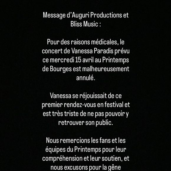 L’annonce a été faite quelques heures avant l’événement via Instagram.

Vanessa Paradis a été contrainte d'annuler son concert prévu ce mercredi 15 avril 2026. Capture d'écran Instagram