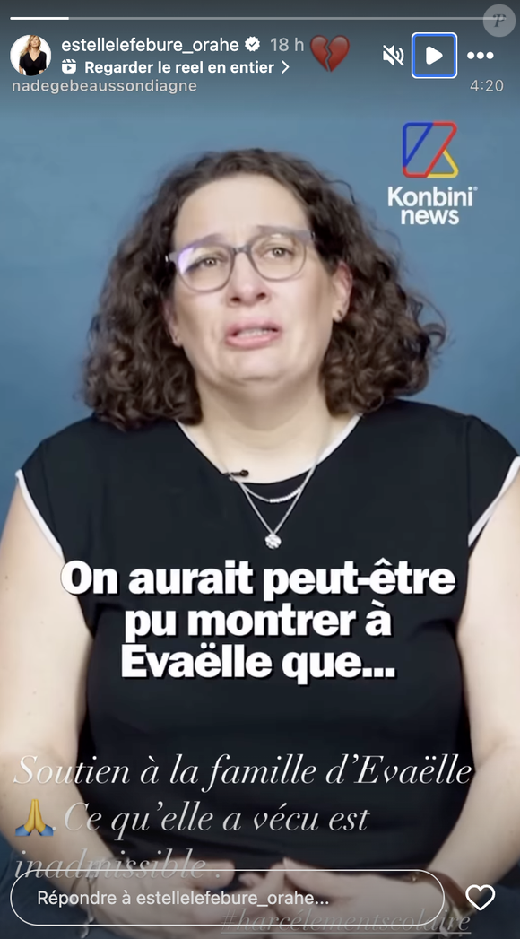 Face à la mort de la petite Evaëlle qui s'est suicidée en 2019 après avoir été harcelée, Estelle Lefébure n'a pas pu rester silencieuse. 

Estelle Lefébure a apporté son soutien, sur Instagram, le lundi 10 mars 2025, à la famille d'Evaëlle, la petite fille de 11 ans qui s'est suicidée en 2019 après avoir subi du harcèlement scolaire.