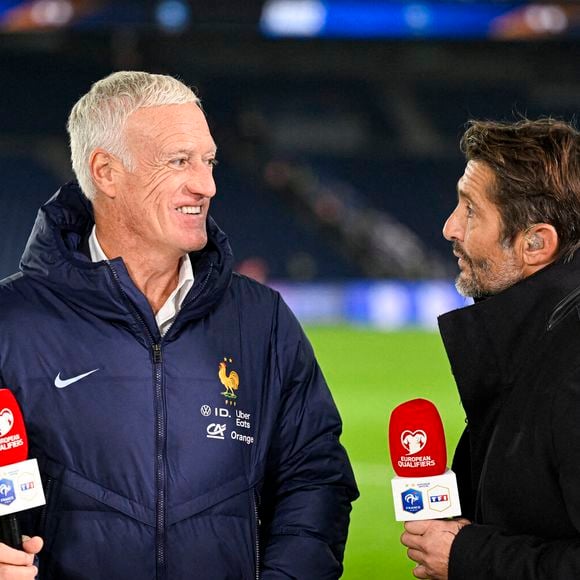 Bixente Lizarazu et Didier Deschamps pour TF1 lors du match de qualification pour la Coupe du Monde de la FIFA 2026 France VS Azerbaïdjan au Parc des Princes le 10 octobre 2025, à Paris, France. Photo par Victor Joly/ABACAPRESS.COM