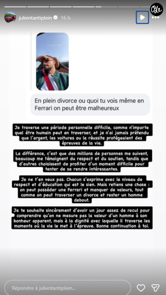 Capture d'écran de la story Instagram de @julientantiplein jeudi 29 octobre