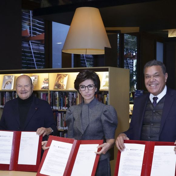 Signature de la 2ème convention entre Fimalac et le Musée du Quai Branly, en présence de Marc Ladreit de Lacharrière, Rachida Dati et Emmanuel Kasarhérou, Paris, France, le 28 fevrier 2025. Jack Tribeca / Bestimage