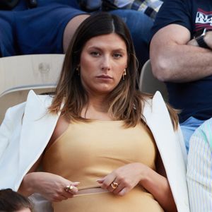 Camille Cerf (Miss France 2015), enceinte dans les tribunes lors des Internationaux de France de Tennis de Roland Garros 2023. Paris, le 7 juin 2023. © Jacovides-Moreau / Bestimage