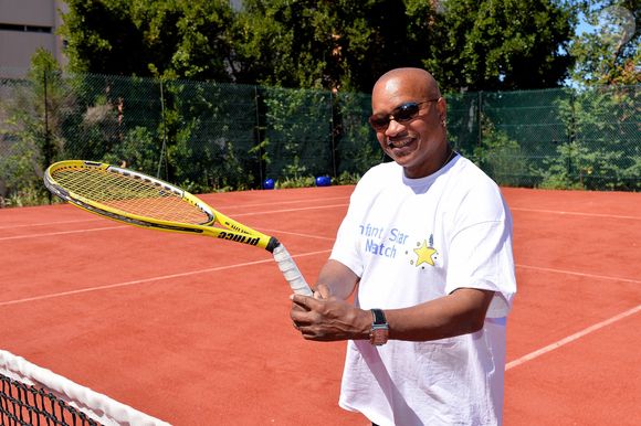 Le chanteur Guy Bevert du groupe 'La Compagnie Créole' lors du tournoi de tennis caritatif pour l'association 'Enfant, Star et Match' à Antibes, dans le sud de la France, le 08 juillet 2014. Photo par Patrice Masante/ABACAPRESS.COM