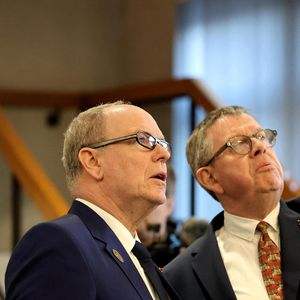Le prince Albert II de Monaco, Jean Morin, Président du Conseil Départemental de la Manche lors d'une visite de la maison du département à Saint-Lô le 9 avril 2025.

© Dominique Jacovides / Bestimage