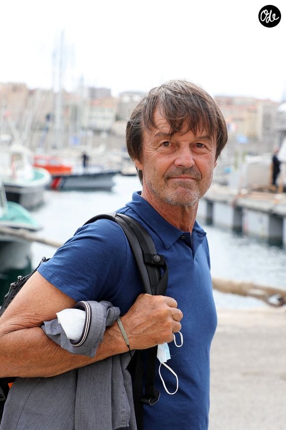 L'ancien ministre de l'Écologie Nicolas Hulot lors de la conférence de presse du président de la République après la sortie en mer à bord du navire scientifique "Alfred Merlin" à Marseille Marseille, France, le 3 septembre 2021. © Dominique JacovidesBestimage