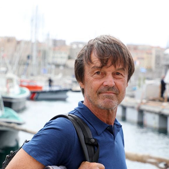 L'ancien ministre de l'Écologie Nicolas Hulot lors de la conférence de presse du président de la République après la sortie en mer à bord du navire scientifique "Alfred Merlin" à Marseille Marseille, France, le 3 septembre 2021. © Dominique JacovidesBestimage