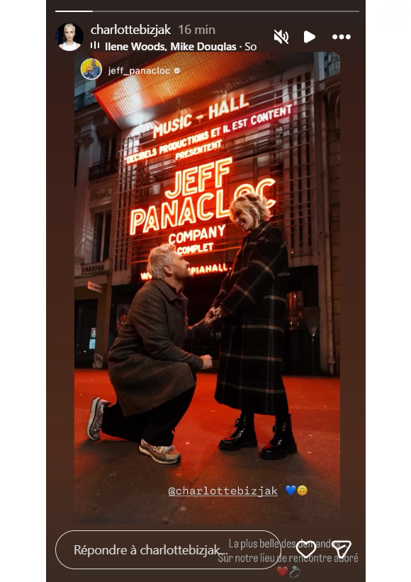 Et c'est devant l'Olympia que l'humoriste a demandé la comédienne en mariage.

Jeff Panacloc publie une photo du jour où il a demandé en mariage sa compagne Charlotte, devant l'Olympia à Paris.