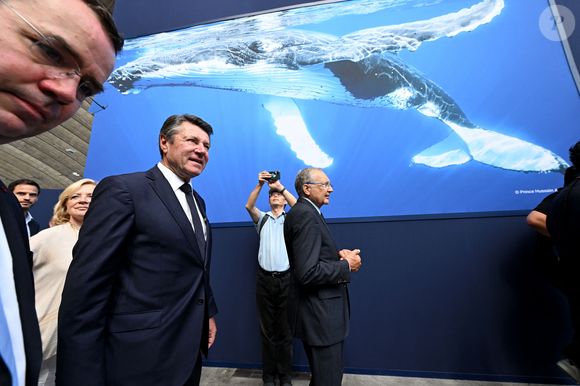 Visite inaugurale de "La Baleine", le temps de l'UNOC, la conférence de l'ONU sur les océans, en présence de Christian Estrosi, le maire de Nice, Olivier Poivre d’Arvor, l'ambassadeur pour les pôles et les enjeux maritimes au Ministère de l’Europe et des Affaires étrangères,Ashok Adicéam, le délégué général de l'UNOC en charge du projet, Richard Chemla. l'adjoint délégué à la transition écologique et énergétique, à la santé et au bien-être, et Olivier Bettati, délégué général de la mission UNOC à la mairie de Nice, au Palais des expositions à Nice, le 2 juin 2025.
© Bruno Bebert/Bestimage