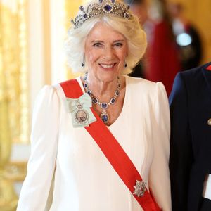 La reine Camilla au banquet d'État pour le président français Emmanuel Macron et son épouse Brigitte Macron, au château de Windsor, Berkshire, au premier jour de la visite d'État du président français au Royaume-Uni. Mardi 8 juillet 2025. Photo by Chris Jackson/PA Wire/ABACAPRESS.COM