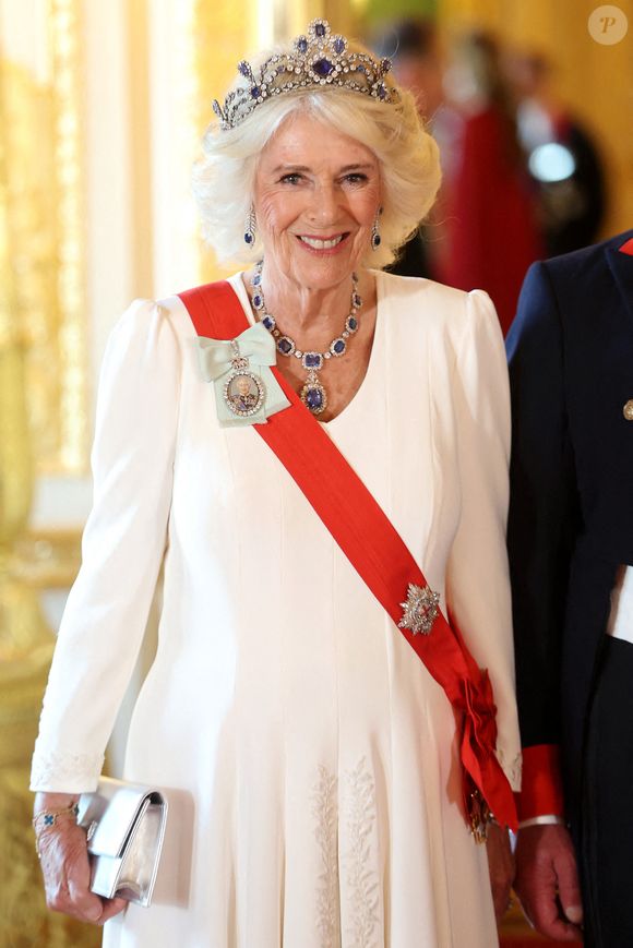 La reine Camilla au banquet d'État pour le président français Emmanuel Macron et son épouse Brigitte Macron, au château de Windsor, Berkshire, au premier jour de la visite d'État du président français au Royaume-Uni. Mardi 8 juillet 2025. Photo by Chris Jackson/PA Wire/ABACAPRESS.COM