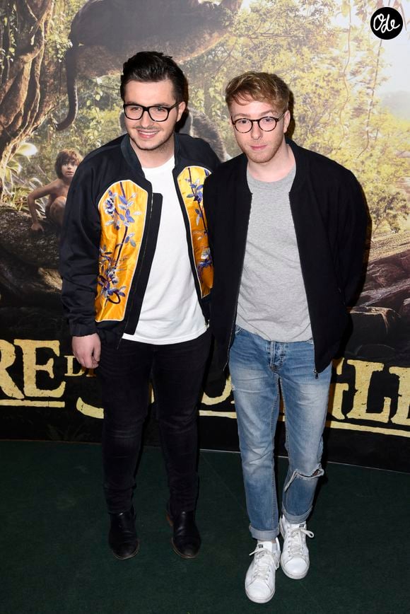 Joffrey Boulanger alias Olympe, de The Voice et Julien Van Der Drisch lors de l'avant-première du film Disney "Le Livre de la Jungle", au cinéma Pathé Beaugrenelle, le 11 avril 2016, à Paris, en France. Photo Édouard Bernaux/Abaca