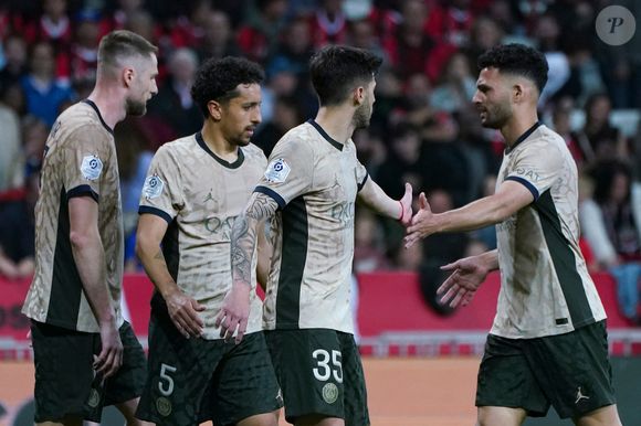 Lucas Beraldo (Paris SG) - Marquinhos (Paris SG) - Gonçalo Ramos (Paris SG) - Milan Skriniar (Paris SG) - Match de Ligue 1 Uber Eats "Nice - PSG (1-2)" au stade Allianz Riviera, le 15 mai 2024.