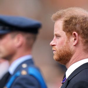 Le prince de Galles et le duc de Sussex, lors de la procession cérémonielle suivant ses funérailles nationales à l'abbaye de Westminster, à Londres.  Le 19 septembre 2022. © Goode Tim/PA Photos/ABACA