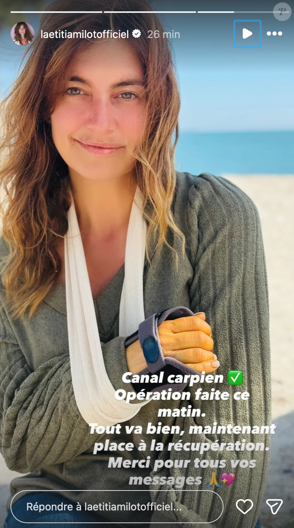Elle écrit : "Canal carpien ✔ Opération faite ce matin. Tout va bien".

Capture Instagram - Laetitia Milot