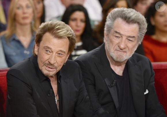 Johnny Hallyday et Eddy Mitchell - Enregistrement de l'émission "Vivement Dimanche" à Paris le 14 mars 2014. L'émission sera diffusée ce dimanche 16 Mars. © COADIC GUIREC / BESTIMAGE