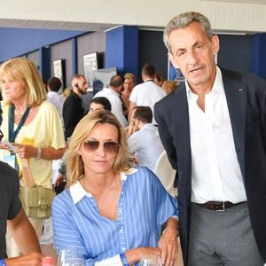 Exclusif - Roschdy Zem, Sarah Poniatowski, Nicolas Sarkozy et Serge Varsano, PDG de Sucres et Denrées dans l'Espace VIP lors de la 9ème édition du "Longines Paris Eiffel Jumping" au Champ de Mars à Paris, France, le 25 juin 2023. © Perusseau-Veeren/Bestimage