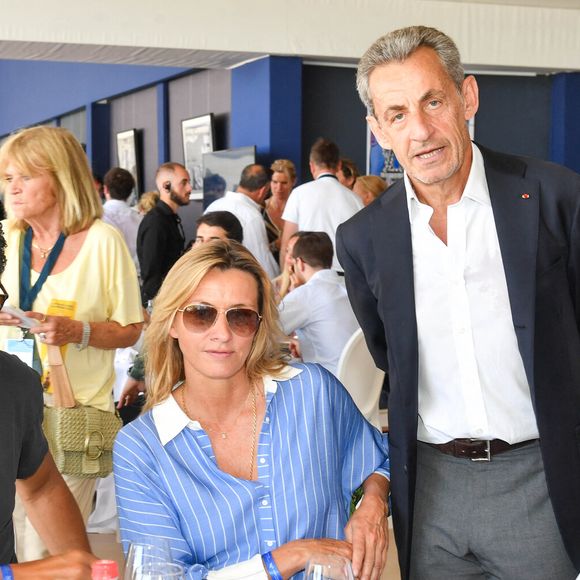 Exclusif - Roschdy Zem, Sarah Poniatowski, Nicolas Sarkozy et Serge Varsano, PDG de Sucres et Denrées dans l'Espace VIP lors de la 9ème édition du "Longines Paris Eiffel Jumping" au Champ de Mars à Paris, France, le 25 juin 2023. © Perusseau-Veeren/Bestimage