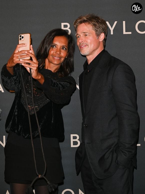 Brad Pitt et Karine Le Marchand à la première du film "Babylon" au cinéma Le Grand Rex à Paris, France, le 14 janvier 2023. © Coadic Guirec/Bestimage
