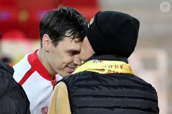 Louis Ducruet et sa mère la princesse Stéphanie de Monaco durant la cinquième édition de la Fight Aids Cup, un match de football caritatif au stade Louis II à Monaco, le 22 janvier 2025, qui oppose l'équipe du Cirque FC de la princesse Stéphanie et les Barbagiuans du prince Albert.© Bruno Bebert / Bestimage